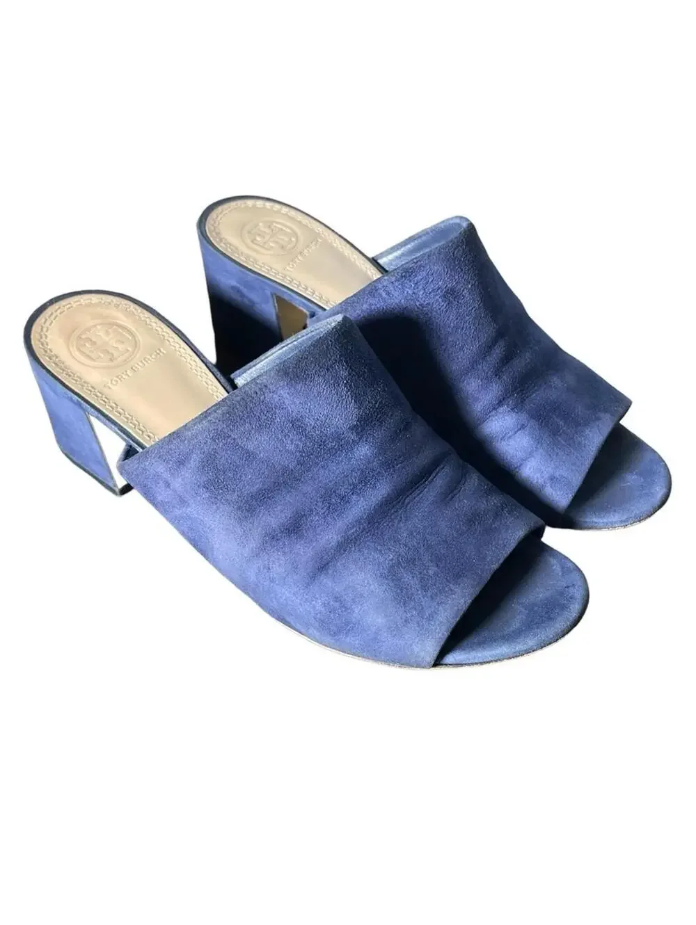 Tory Burch Salinas Navy Blue Suede Block Heel Mules 6.5